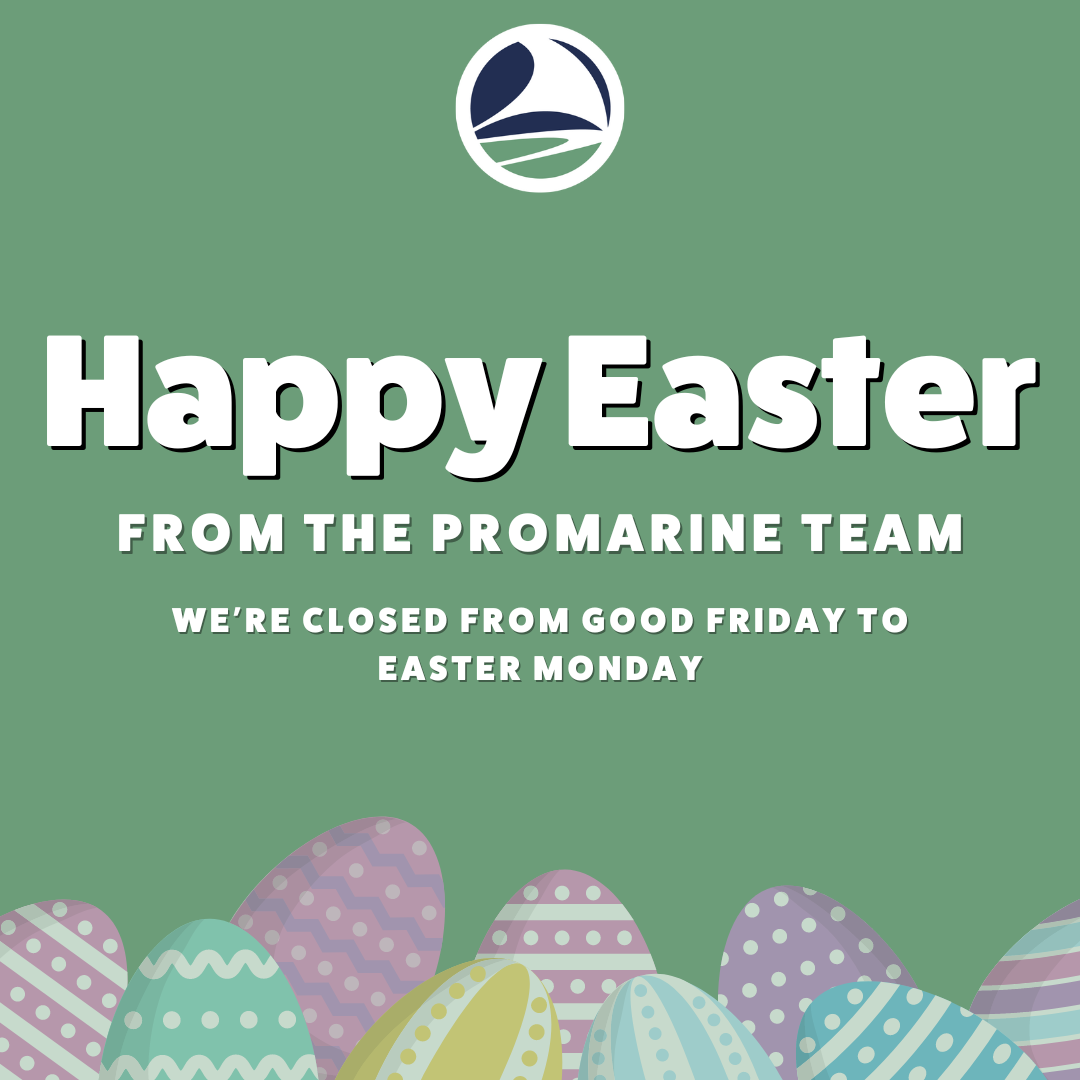 a green square with easter eggs showing promarine's updated easter hours